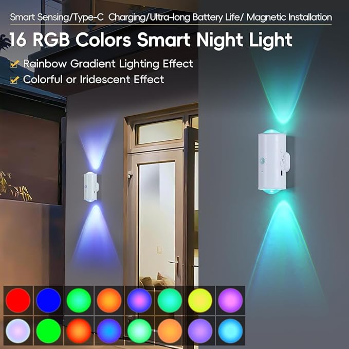 LED Wireless Wall Sconce with Remote, 16 Colors Changing, Motion Sensor Light Indoor, Dimmable, 1500mAh Rechargeable Battery Operated Wall Sconces for Hallway, Stair, Bathroom, Bedroom