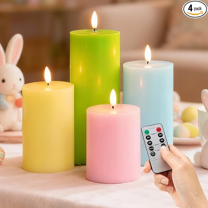 Flameless Easter Candles, 4 Pack Pastel Battery Operated Candles with Remote, Real Wax Electronic LED Fake Candles Easter Table Centerpiece Party