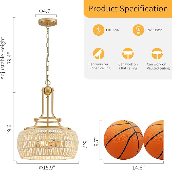 WUZUPS Rattan Boho Chandelier Rustic Farmhouse Industrial Round Coastal Hanging Pendant Light Fixture Wicker Lampshade for Dining Room Kitchen Island Foyer Entryway, H 19.6" x W 15.9", Gold