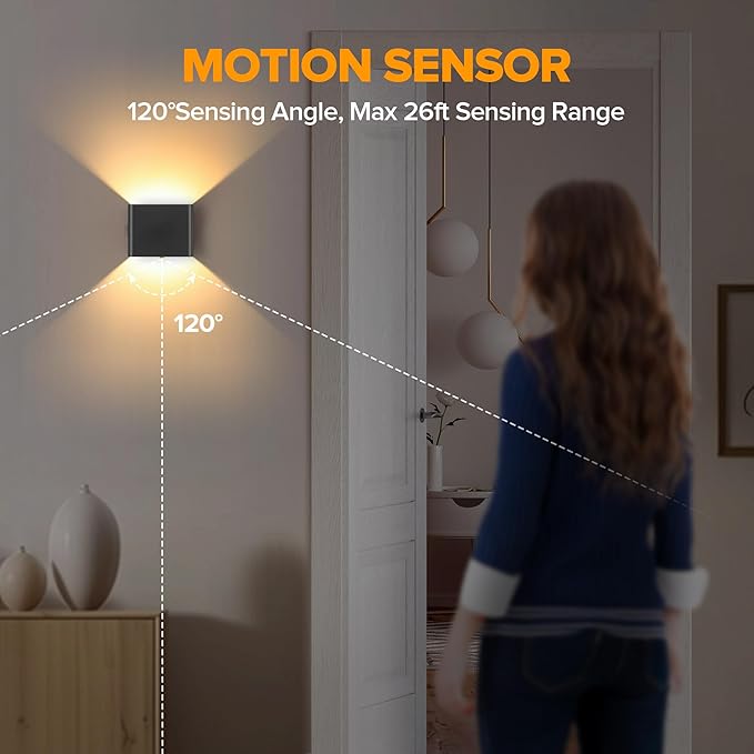 LUTEC 2 Pack Motion Sensor Wall Light, 5000mAh Rechargeable Battery Powered Wall Lamp, Two Adjustable Modes, Waterproof, Wireless LED Up and Down Wall Sconce for Living Room, Hallway, Bedroom-Black