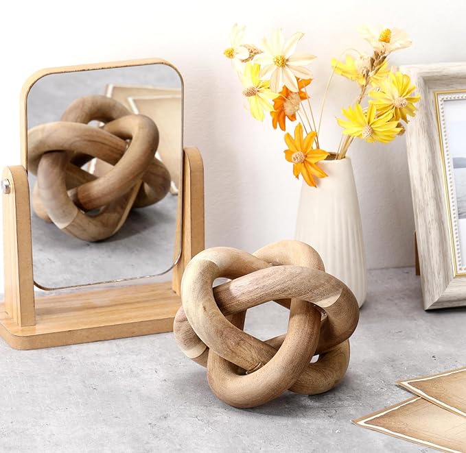 3 Link Wood Knot Decor Rustic Home Décor Accents Hand Carved Coffee Table Decoration, Boho Chain Link Decoration, Modern Shelf, Rustic Objects for Home Living Room Bedroom(Acacia Wood)