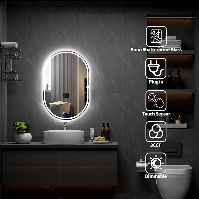 Oval LED Bathroom Mirror, 24"x 40" Frameless LED Mirror with Front Light and Backlit, Anti-Fog, Dimmable Modern Wall Mounted Lighted Mirror，Pill-Shaped Smart Mirror Bathroom