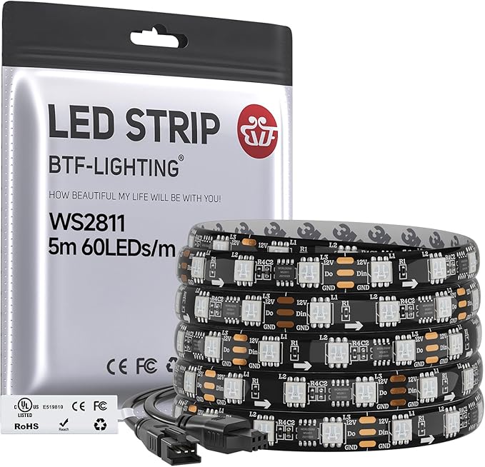 BTF-LIGHTING UL Listed WS2811 IC=RGB+IC Addressable Color RGB LED Strip,16.4FT 60LED/m 10Pixels/m,IP65 Black PCB Flexible DC12V Chasing Effect for Indoor Home Decor,3M Tape(No Adapter or Controller)