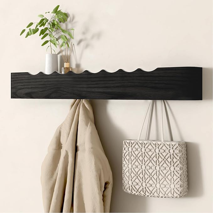 Coat Rack Wall Mount Entryway Organizer Modern Key Holder Wall Mount with Wooden Shelf Entryway Hooks for Bedroom Kitchen Hallway Bathroom for Hanging Coats Hats Dog Leashes Bags Towels