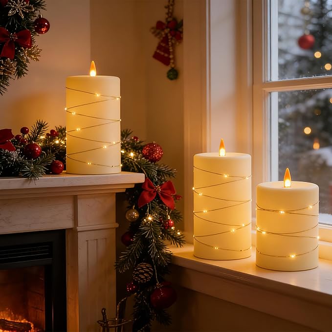 Flickering flameless Candles, Battery-Powered, with String Lights, Remote Control, Timer, Realistic Plastic Pillar Candles, Ivory White, Set of 3, Durable.