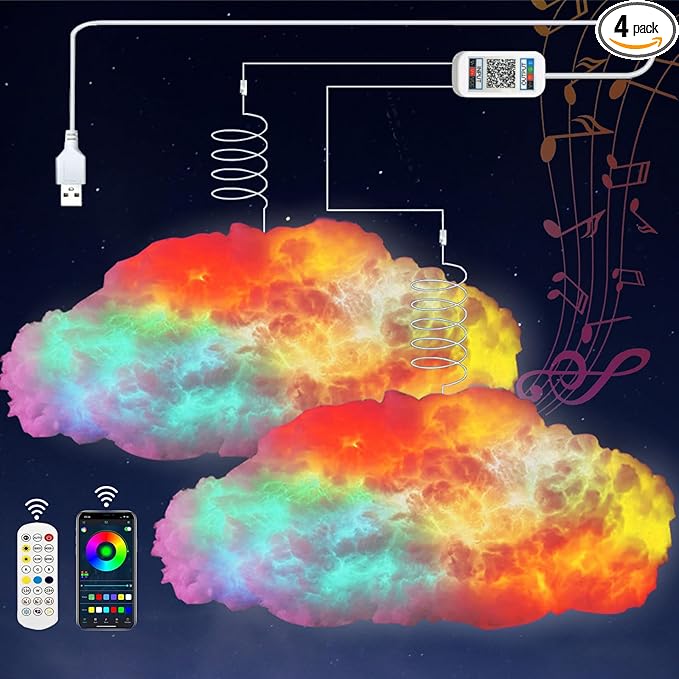 Cloud Led Lights for Bedroom, Multicolor Creative Night Lighting Kit Music Sync with APP, Lightning Changing Strip Lights, Coolest Ceiling Decoration for Room Home Party 2PCS