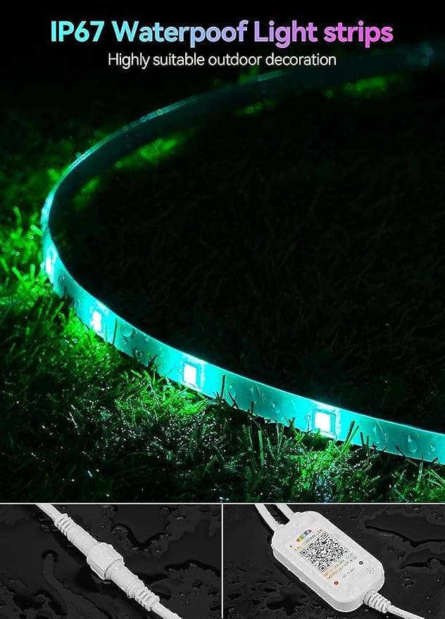 52FT Continuous RGB+IC Outdoor Led Strip Lights Waterproof with RF Remote & Bluetooth Music Sync App Control, Long Color Changing LED Rope Lights,IP67,24V