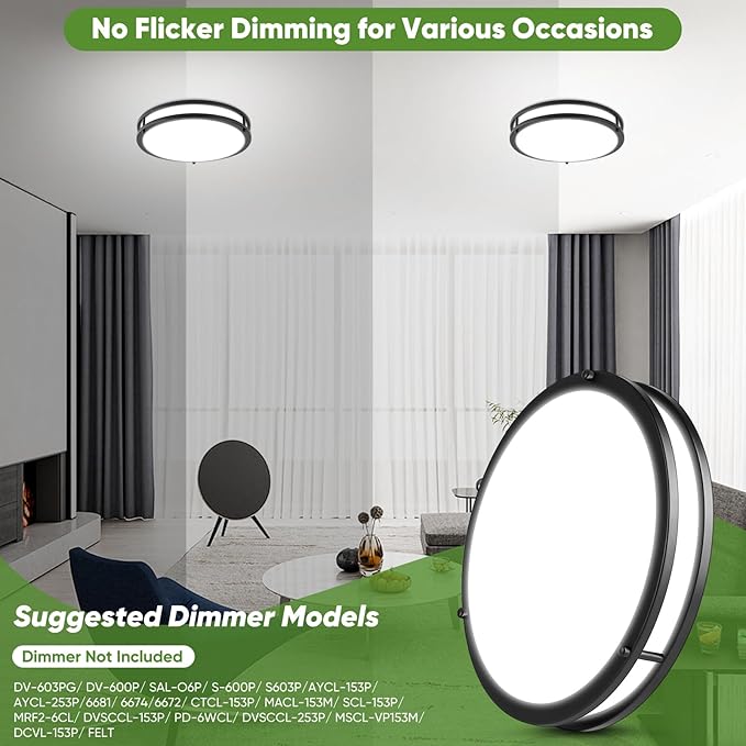 2-Pack 12 Inch Flush Mount Light Fixtures, 36W 3600lm Super Bright LED Ceiling Lights for Kitchen, Dimmable LED Lights 2700K-6500K 5 Color Temperatures, Modern Black Lighting for Bedroom Bathroom