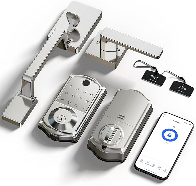 Veise VE017-D Smart Fingerprint Front Door Lock Set, App Control, 8-in-1 Keyless Entry Deadbolt with Lever Handle, Touchscreen Keypad, IP55 Weatherproof, Auto Lock, Easy Install, Satin Nickel
