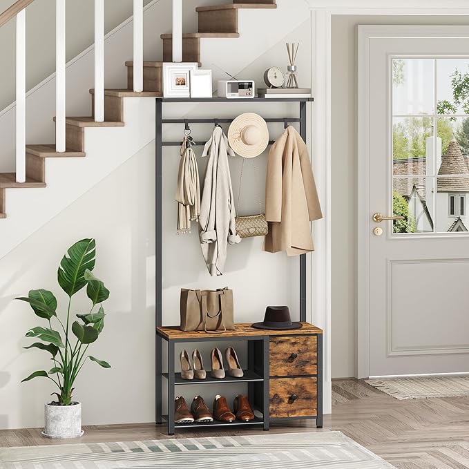 5-in-1 Hall Tree with Drawers, Entryway Bench with 8 Adjustable Coat Rack and Shoe Storage, Industrial Coat Rack with Bench for Entryway and Front Door, Rustic Brown and Black MT06BR