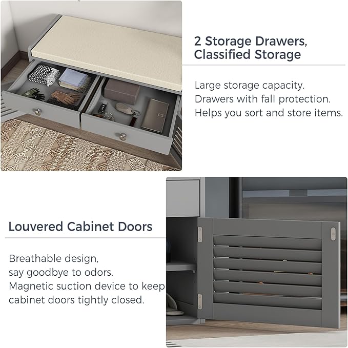 Shoe Storage Bench with Cushion, Shoe Bench, Padded Seat, 2 Drawer Storage, Entryway, Hold up to 300lbs, 15.8 x 32.29 x 18.1 Inches, Grey