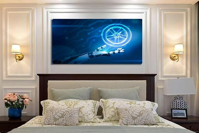 Wibinuki Wall Art Wall Decor Wall Paintings Robotic hand car wheel tyre on neon blue for Living Room Bedroom Bathroom Home Decor Can Be Hung Directly 20"x 40"