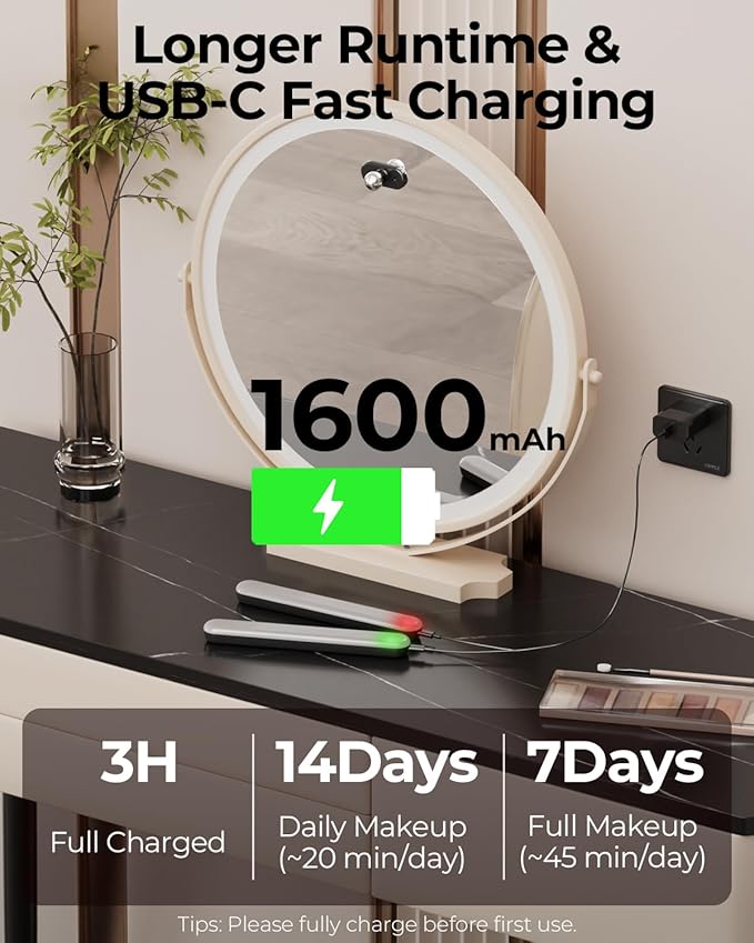 Wireless Rechargeable Bathroom Vanity Light – Black, 1600mAh Battery Operated Makeup Light Stick On, with 3 Color Modes & Touch Control, Adjustable Angle, USB-C Fast Charging for Above Mirror