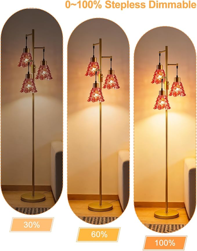 Glass Floor Lamps for Living Room, 67'' 3-Light Dimmable Floor Lamp with Rose Red Glass Shade& E12 Bulbs Included, Mid Century Standing Tall Lamp for Bedroom/Sofa Beside/Corner Decor-Gold