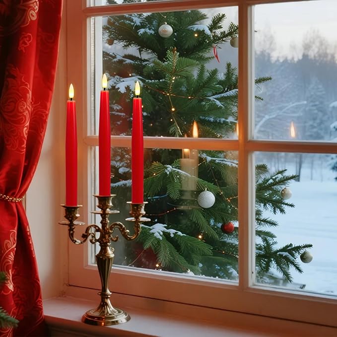 GenSwin Flameless Taper Candles, Set of 3 Red LED Taper Candles Battery Operated with Remote Timer, Real Wax Flameless Candlesticks with 3D Flame for Home Wedding Party Holiday Decor (0.78” x 9.65”)