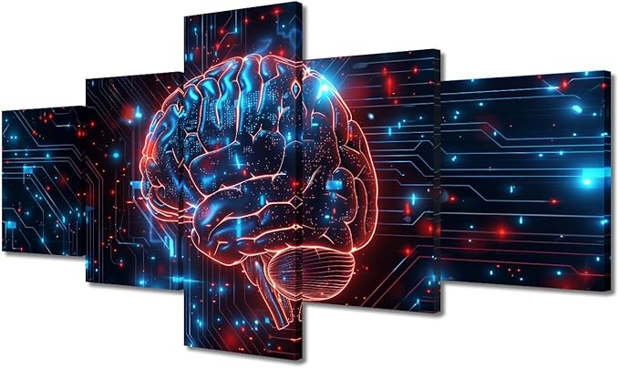 5 Panel Framed Canvas Wall Art Digital Human Brain Decor for Living Room Technology Pictures for Bedroom Artwork Home Dector for Room Ready to Hang Artificial Intelligence Pictures Framed 50" Wx24 H