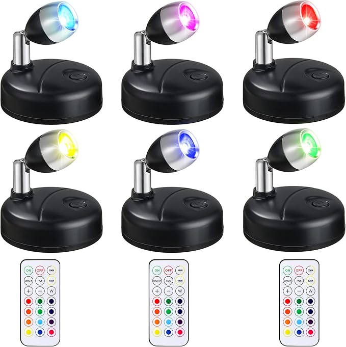 Hortsun 6 Pieces Battery Operated Spotlights Indoor LED Wireless Spotlight Indoor 13 Color up Lights with Rotatable Light Head Stick on Wall Hallway for Painting Picture Artwork Closet (Black)