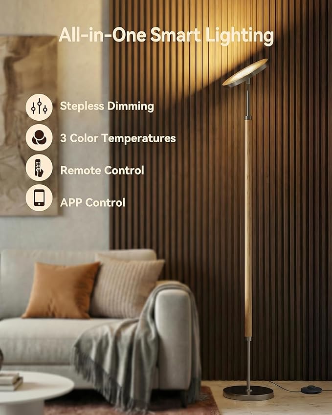 JOOFO Wood Torchiere Floor Lamp, Super Bright Stepless Dimmable LED Uplight Standing Lamp with Remote Adjustable Color Temperature 3000K–6500K with Timer for Living Room Bedroom Office Reading
