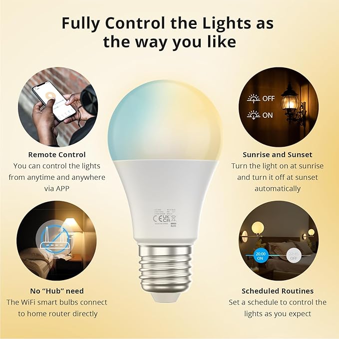 LED Smart Light Bulbs, Color Changing Light Bulb Work with Google Home, Alexa, Preset Scene, Music Sync, A60 E27 2.4GHz RGBTW WiFi Bluetooth 9W, 806LM