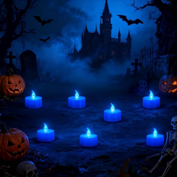 KOABY 24 Pack Blue Light Non-Flickering Flameless Tea Lights, Blue Base, Last 100H+, Battery Operated Tea Lights for Decor
