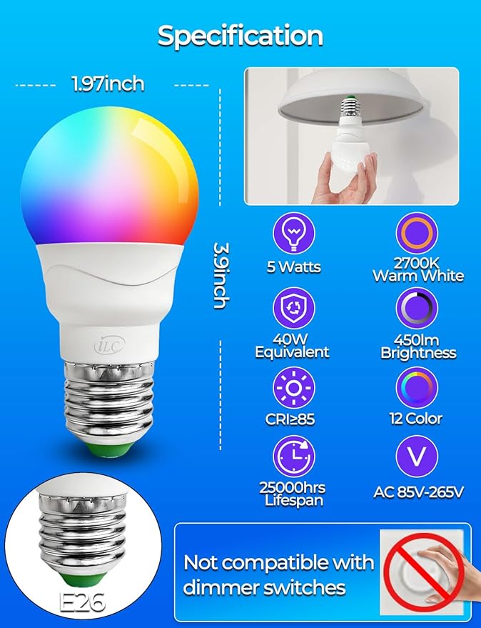ILC RGB LED Light Bulb, Color Changing Light Bulb, 40W Equivalent, 450LM, 2700K Warm White 5W E26 Screw Base RGBW, 12 Color Choices - Timing Infrared Remote Control (8 Pack)