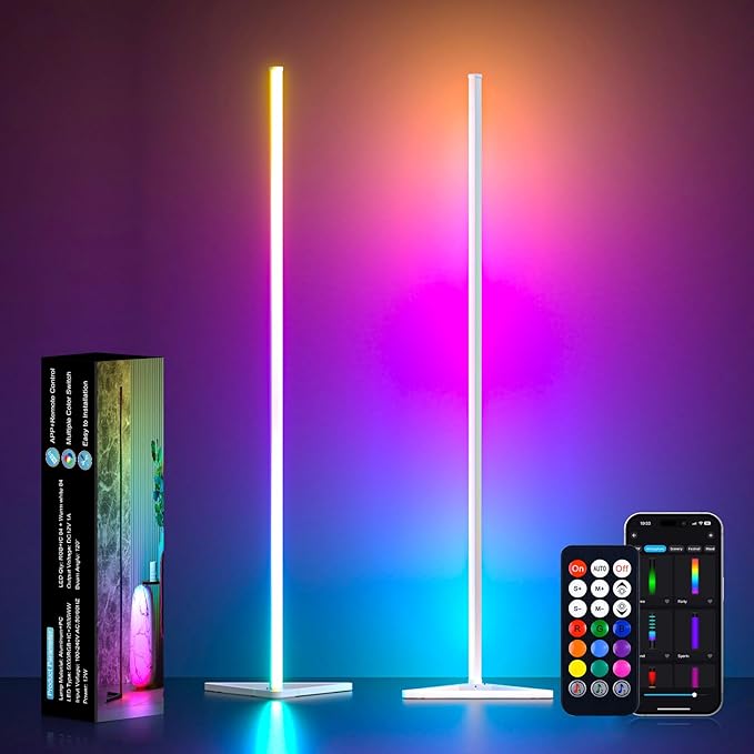 MIHEAL Corner Floor Lamp, 2 Pack LED Corner Lamp with APP and Remote Control, 16 Million DIY Colors & Warm White, Music Sync, Timing Function, Color Changing Ambient Lights for Living Room, Bedroom