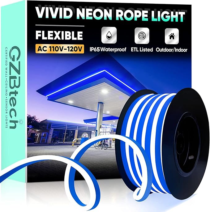 GZBtech Flexible LED Neon Rope Lights 16.4FT,AC 110-120V Waterproof Neon Strip Light, 120LEDs/M Cuttable Connectable Rope Lighting for Indoor Outdoor Home Decor/Commercial Use-Blue 5M, ETL Listed