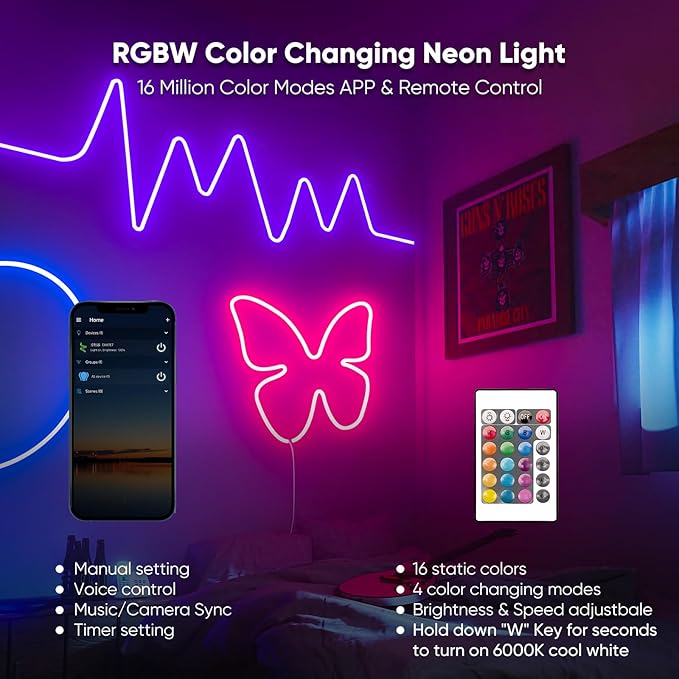Shine Decor 24V Smart Neon Rope Lights, RGBW Silicone Neon Light Remote APP WiFi Control Music Sync, RGB+Cool White Changing Dimmable LED Neon Strip 16.4 Ft Flexible Waterproof for Indoor Outdoor
