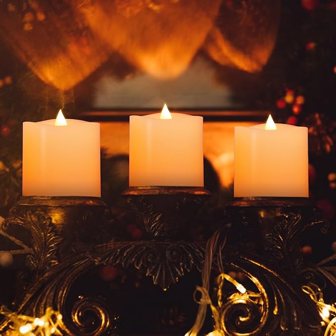 3x3 Flickering Flameless Candles Set of 3, 2AA Battery Life 600 Hours Battery Candles Flickering with Timer,3 inch Flameless Candles with Remote for Indoor/Outdoor, Ivory