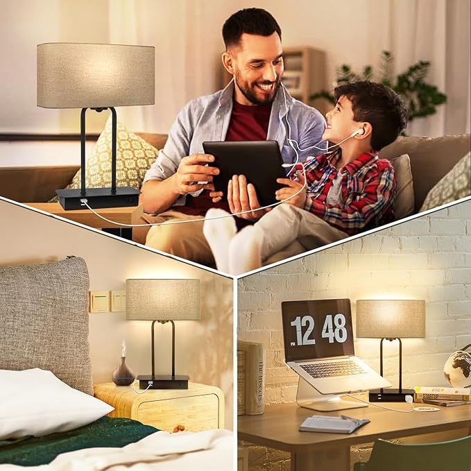 16.1'' 3-Way Dimmable Touch Control Table Lamp with USB Ports and AC Power Outlet Modern Bedside Nightstand Lamp Fabric Shade and Metal Base for Bedroom Living Room LED Bulb Included Warm White