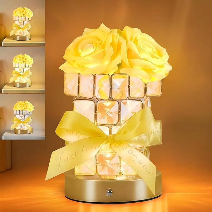 Rose Flower Lamp,Rechargeable Cordless Touch Table Lamp for Bedroom,3-Colour Dimming Flowers Night Light,Crystal Bedside Lamps with USB Charge,Birthday Valentine's Day Gifts for Women,Mom,Wife,Her