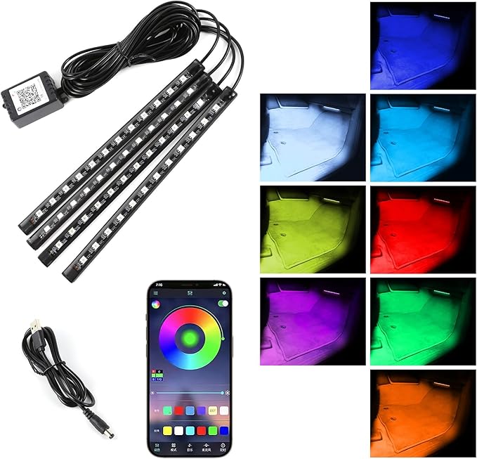 Car Led Interior Lights, 48 LED Multi Color Strip Light Under Dash Lighting Kit with APP Control, 12V Vehicle RGB Smart Music Sync Color Change Lights, Car Accessories (USB+APP)