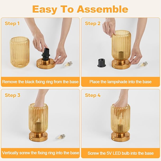 Table Lamp for Bedroom, Cordless Small Bedside Lamp, Touch Dimmable Rechargeable Lamp Battery Operated with Amber Glass Shades for Night Stands, Living Room, Desk, Bulb Included