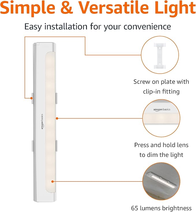 Amazon Basics LED Stick On Lights, Battery Operated, Wireless, 65 Lumens, Portable Light, Under Cabinet Lighting, Closet, Kitchen, 2 Pack, White