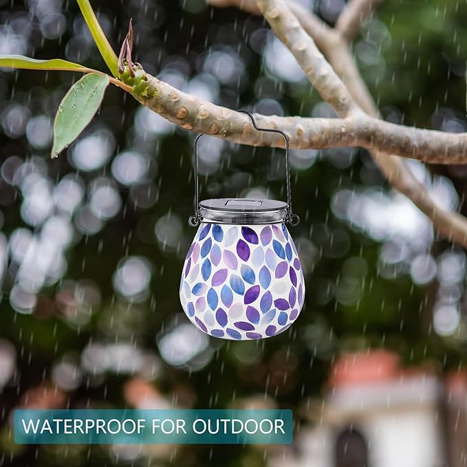 Bshine Mosaic Solar Lantern Outdoor Hanging Waterproof, Purple Mosaic Light Indoor Decorative Table, Garden Decor for Yard Outside, Path, Courtyard, Lawn, Birthday Gift for Mom Women Gardening