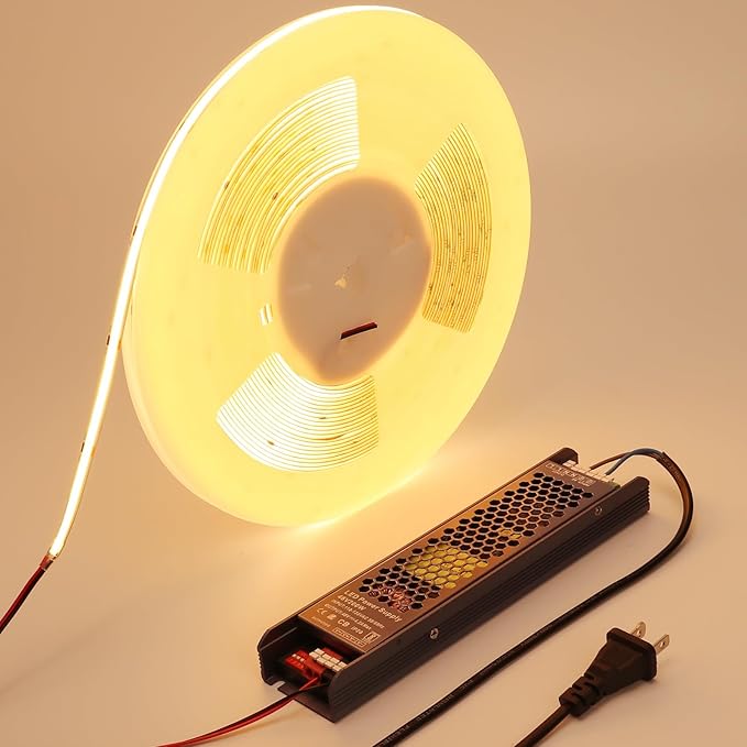 48V COB LED Strip Light 65.6ft, 3000K Warm White Flexible Cuttable LED Tape Lights 8W/M 480LEDs/M CRI 92 with AC 110V Power Supply for Bedroom Ceiling Living Room Commercial