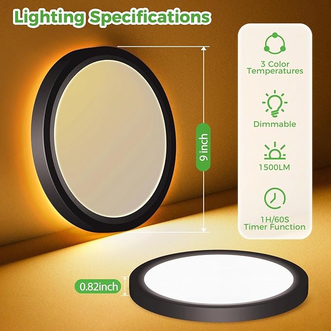 zemty 9 Inch LED Ceiling Light with Night Light 1800K, 2 Pack 3000K/4000K/6500K Dimmable Light Fixtures with Remote Control,15W 1500lm Flush Mount Ceiling Lamp for Bedroom Bathroom Kitchen-Black