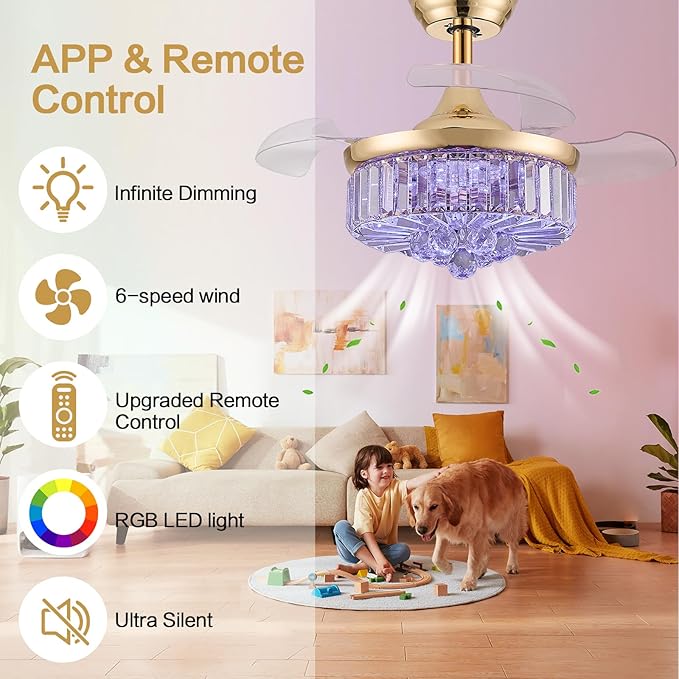 30" Retractable Crystal Ceiling Fan with Light, RGB Modern Fandelier 6 Speeds Reversible Blades Dimmable Chandelier Ceiling Fan with Remote App Control Memory Timer Gold
