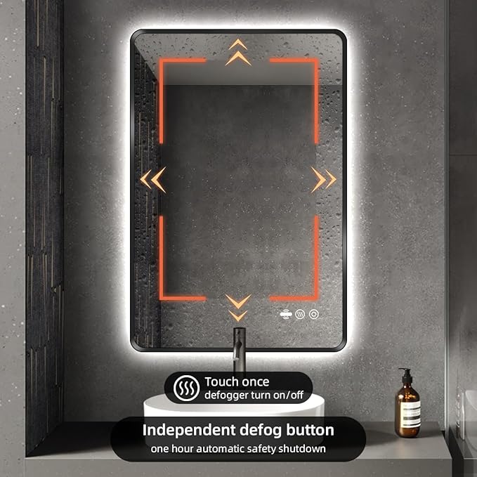 40 x 32 Black LED Bathroom Mirror, Metal Framed Rounded Corner Rectangle Backlit Mirror Bathroom, Anti-Fog, 3-Color Stepless Dimmable Lighted Mirror, Motion Sensor Lights, Memory Function