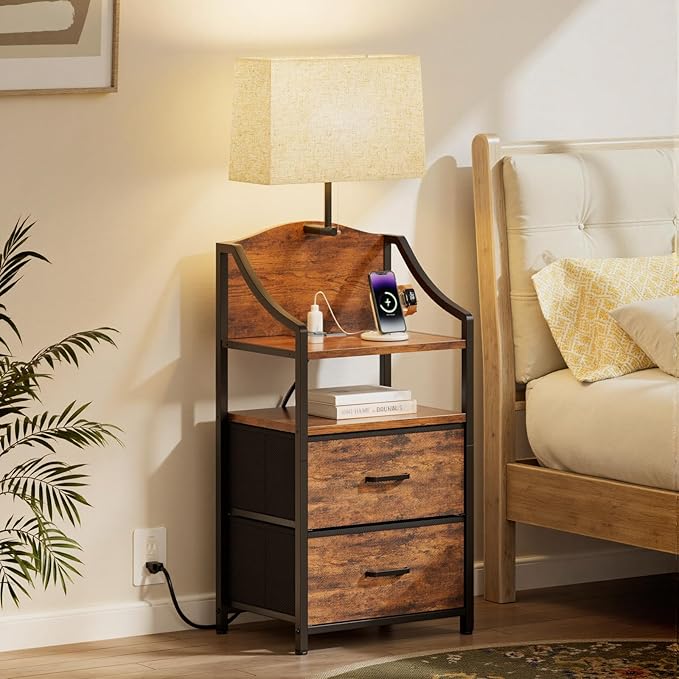 Evermagin 45" Tall Nightstand with Charging Station & Light, Night Stand with 2 Fabric Drawer & Storage Shelf, Bedside Table End Table with USB Ports and Outlets for Bedroom, Dorm, Rustic Brown