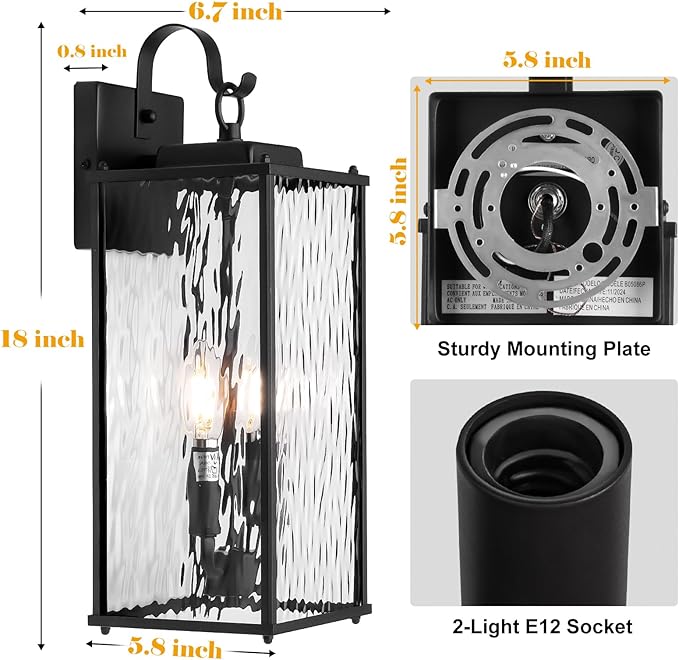 18 Inch Large Outdoor Light Fixture with 2-Light Candelabra, 1-Pack Water Ripple Glass Exterior Lighting Fixture IP65 Waterproof Outdoor Wall Lantern Outside Lamp Carriage Porch Light, E12