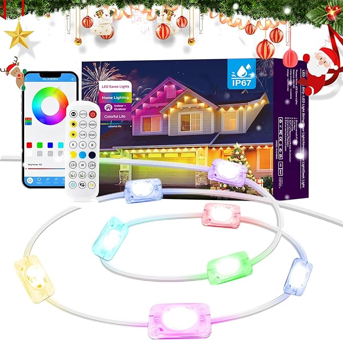 Permanent Outdoor Lights for House, 100Ft Smart RGB+IC Outdoor Decor Lights, 75 Scene Modes, APP & Remote Control, IP67 Waterproof, for Christmas, Daily & Holiday, House Roof Lighting