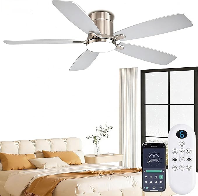 52 inch Ceiling Fans with Lights, Flush Mount Ceiling Fan with Light and Remote/APP Control, DC Motor, Dimmable LED, Noiseless, Low Profile Ceiling Fan for Bedroom Indoor/Outdoor Use (Nickel