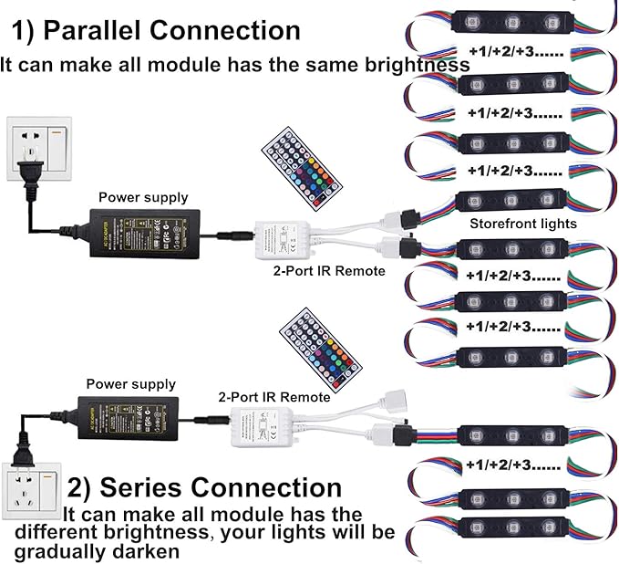 Module 100FT LED Strip Lights, Waterproof RGB 5050 Color Changing Kit with 44 Key IR Remote and 12V Power Supply, Smart Memory Function for Bedroom, Party, Storefront Advertising Signs Decoration