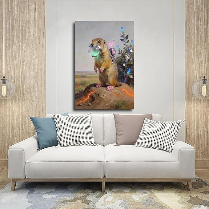 Framed Steampunk Mechanical Prairie Dog Wall Art - Retro-Futuristic Wilderness Poster for Living Room Game Room Decor 24x36inch(60x90cm)