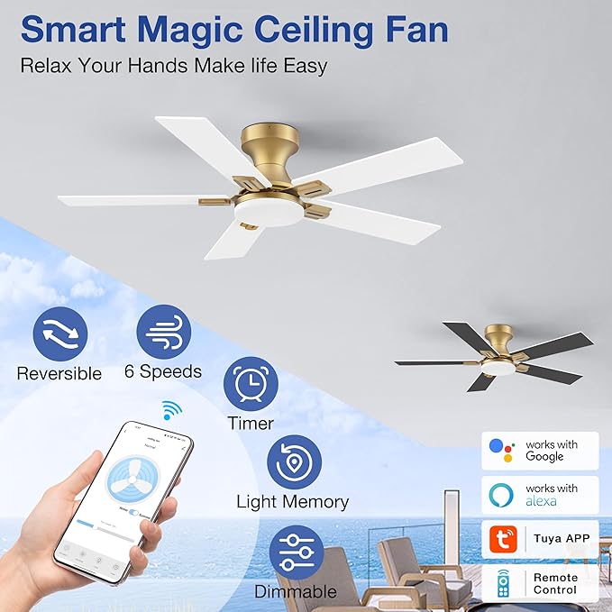 42 Inch Ceiling Fans with Lights,Smart Low Profile Ceiling Fan with Light and Remote Control,Modern Flush Mount Ceiling Fans for Bedroom,Patio,Porch,Outdoor Indoor Use,in Black White and Gold,Quiet