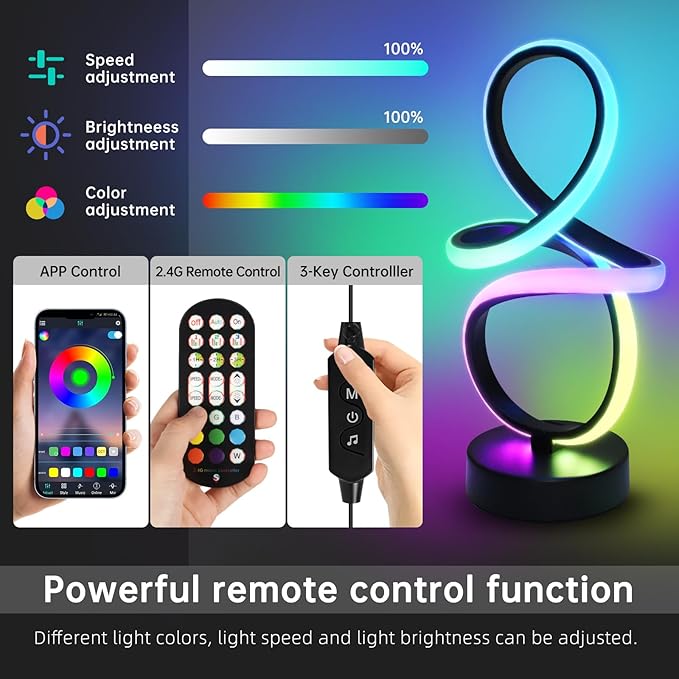 Modern RGB Table Lamps, 7 Colors 10 Light Spiral Bedside Lamp with Remote&APP, Cool Table Lamp, Dimmable LED Nightstand Lamp with Scene/Music Modes for Bedroom, Living Room, Christmas Gifts Black