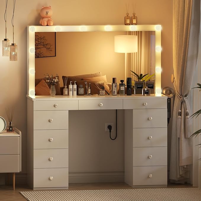 Likein Vanity Desk with Mirror and Lights, White Vanity with Jewelry Storage Cabinet, Makeup Dressing Table with 11 Drawers, Charging Station, Crystal Knobs, 3 Color Lighting Modes for Women, Girls