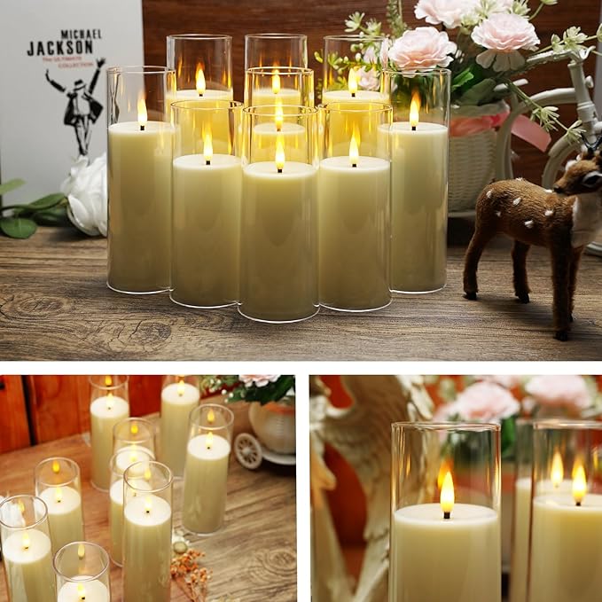 Flickering Flameless Candles Battery Operated with Remote and 2/4/6/8 H Timer Plexiglass Led Pillar Candles Pack of 9(D2.3 xH5.5 6.5" 7.5") with Realistic 3D Wick Candles for Home Decor(Ivory)