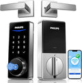 Philips Wi-Fi Smart Lock with Handles, Built-in WiFi Keyless Entry Front Door Lock Set, Keypad Deadbolt with Handle, App Fingerprint Code Unlock, Auto Locking, Remote Control & Voice Unlock, Nickel